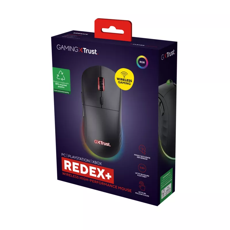 Trust GXT 927 Redex+ pelė žaidimams Dešinei rankai RF belaidė + USB Type-A Lazerinė 25600 DPI