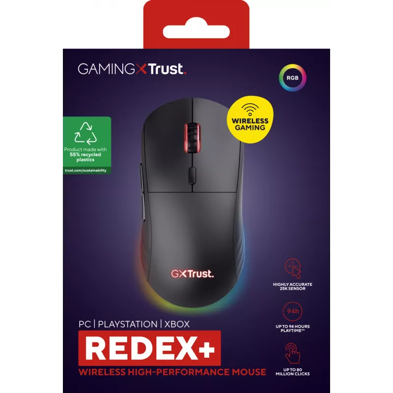 Trust GXT 927 Redex+ pelė žaidimams Dešinei rankai RF belaidė + USB Type-A Lazerinė 25600 DPI