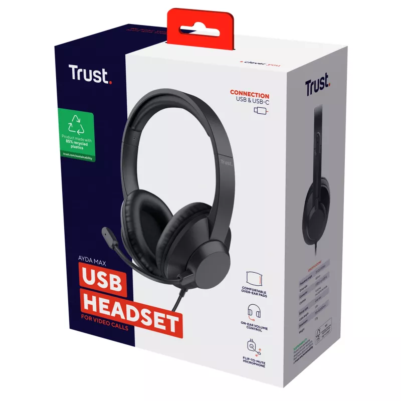 Trust Ayda Max USB ausinės su laidu, antausinės, biurui / skambučių centrui, USB Type-C / USB Type-A, juodos