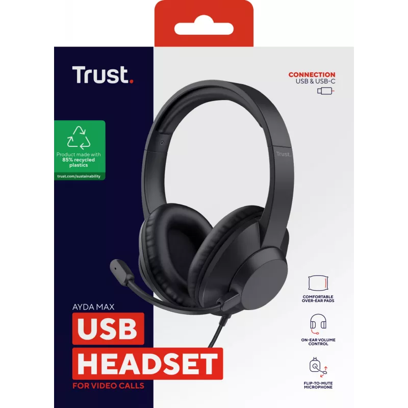 Trust Ayda Max USB ausinės su laidu, antausinės, biurui / skambučių centrui, USB Type-C / USB Type-A, juodos