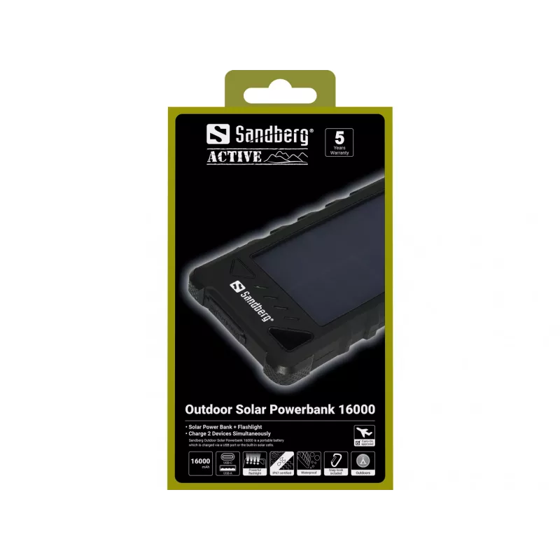 Sandberg Outdoor Solar Powerbank 16000, 16000 mAh, Li-Ion, juoda