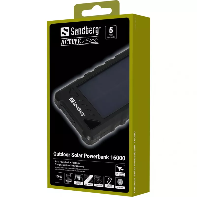 Sandberg Outdoor Solar Powerbank 16000, 16000 mAh, Li-Ion, juoda