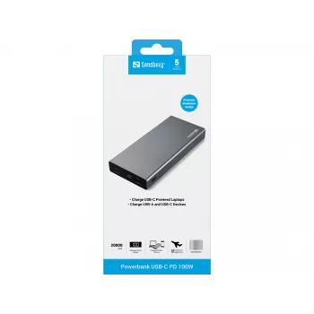 Sandberg Powerbank USB-C PD 100W 20000, 20000 mAh, Li-Ion, Quick Charge 3.0, 100 W, Pilka