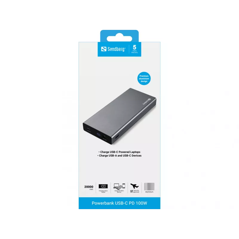 Sandberg Powerbank USB-C PD 100W 20000, 20000 mAh, Li-Ion, Quick Charge 3.0, 100 W, Pilka