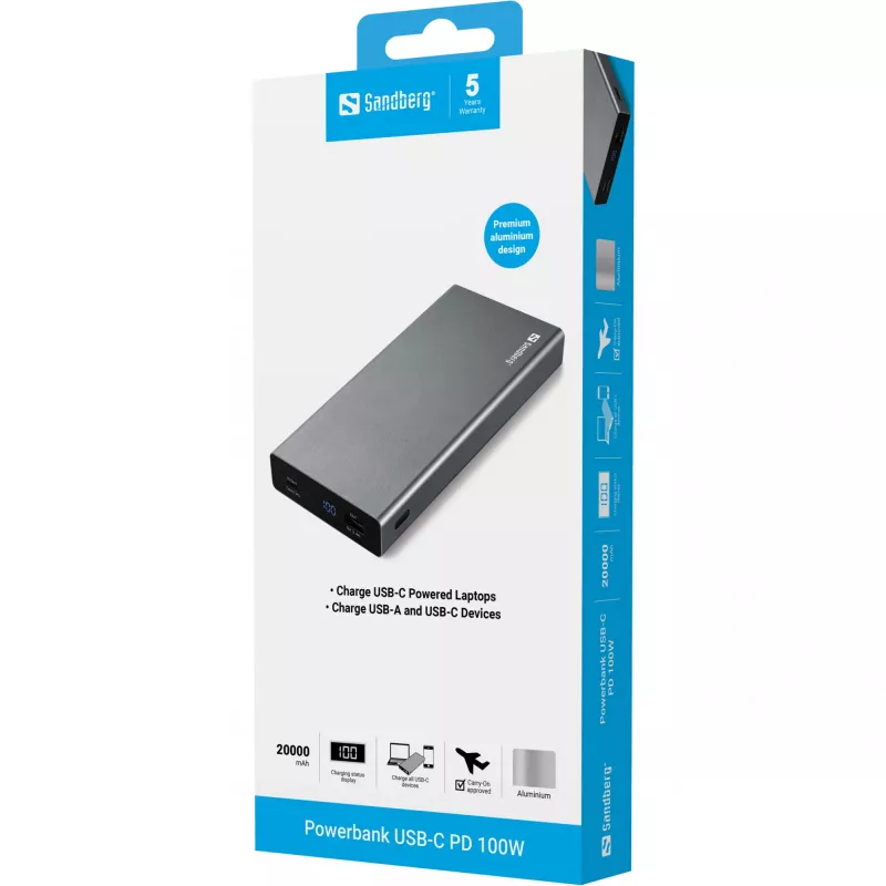 Sandberg Powerbank USB-C PD 100W 20000, 20000 mAh, Li-Ion, Quick Charge 3.0, 100 W, Pilka
