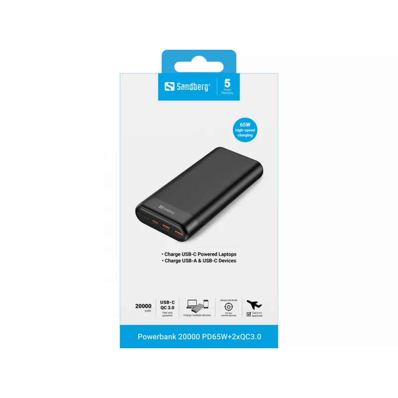 Sandberg Powerbank 20000 PD65W+2xQC3.0, 20000 mAh, Li-Ion, Quick Charge 3.0, 65 W, juoda