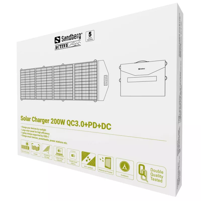 Sandberg Solar Charger 200W QC3.0+PD+DC, 200 W, monokristalinis silicis, juoda, USB Type-A, USB Type-C, 22 %, 540 mm