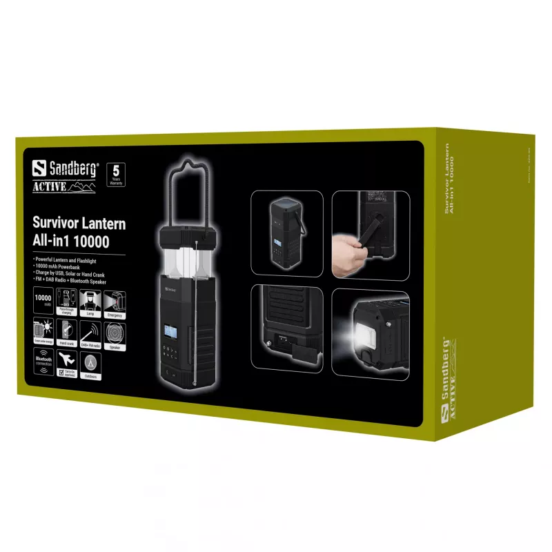 Sandberg Survivor Lantern All-in1 10000, baterijomis maitinamas kempingo žibintas, juodas, IPX5, LED, USB C, baterija