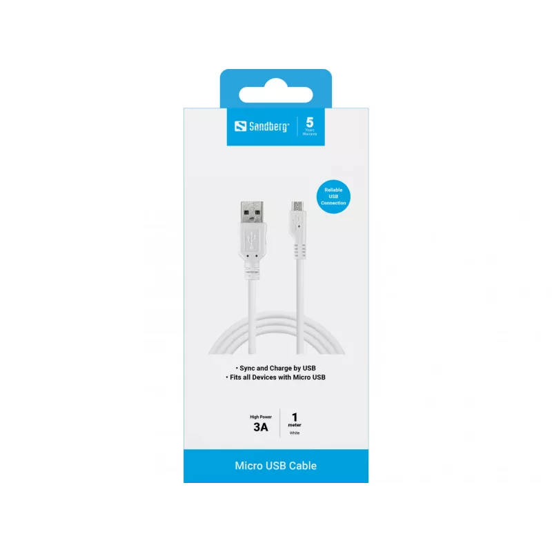 Sandberg USB-A – Micro-USB įkrovimo ir sinchronizavimo laidas 1 m, USB 2.0, baltas