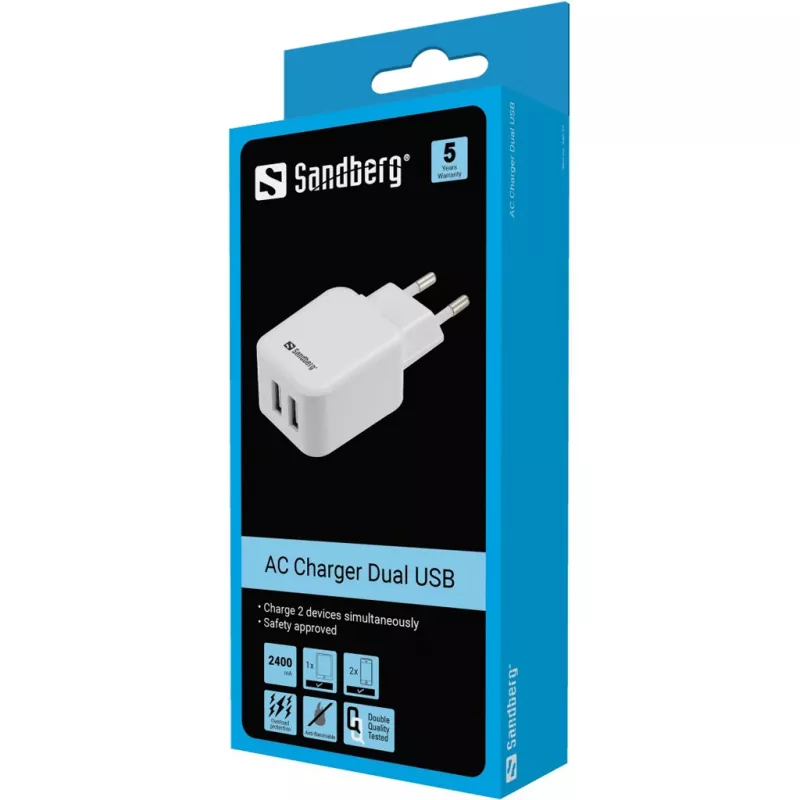 Sandberg AC Charger Dual USB 2.4+1A EU, vidinis, AC, USB, 5 V, juoda, balta