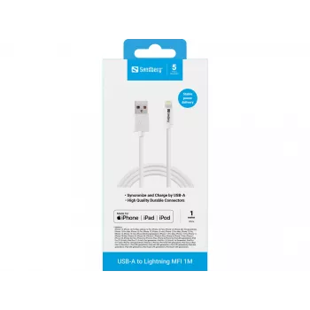 Sandberg USB-A – Lightning MFI 1M, 1 m, Lightning, USB A, balta, tiesi, tiesi