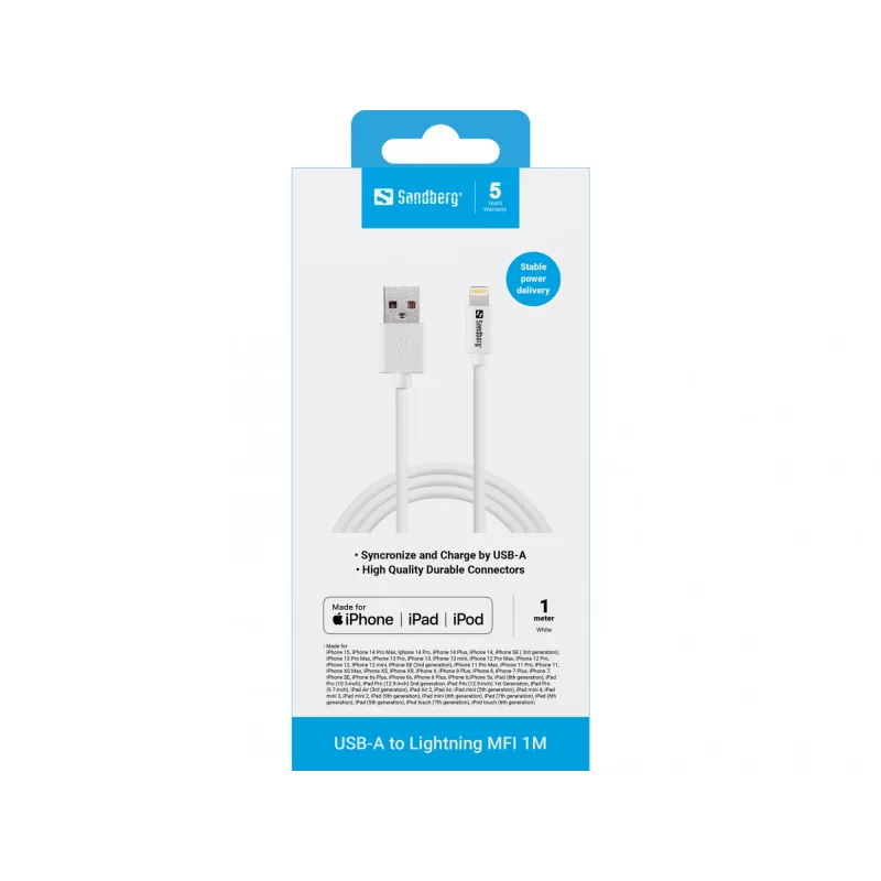 Sandberg USB-A – Lightning MFI 1M, 1 m, Lightning, USB A, balta, tiesi, tiesi