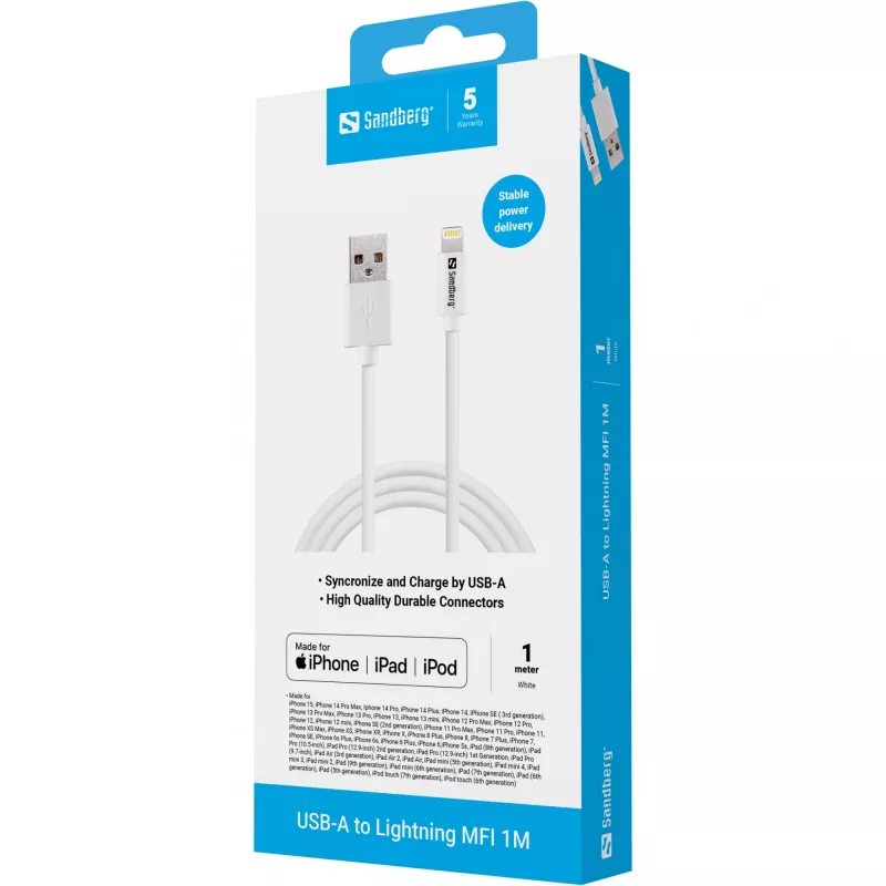 Sandberg USB-A – Lightning MFI 1M, 1 m, Lightning, USB A, balta, tiesi, tiesi