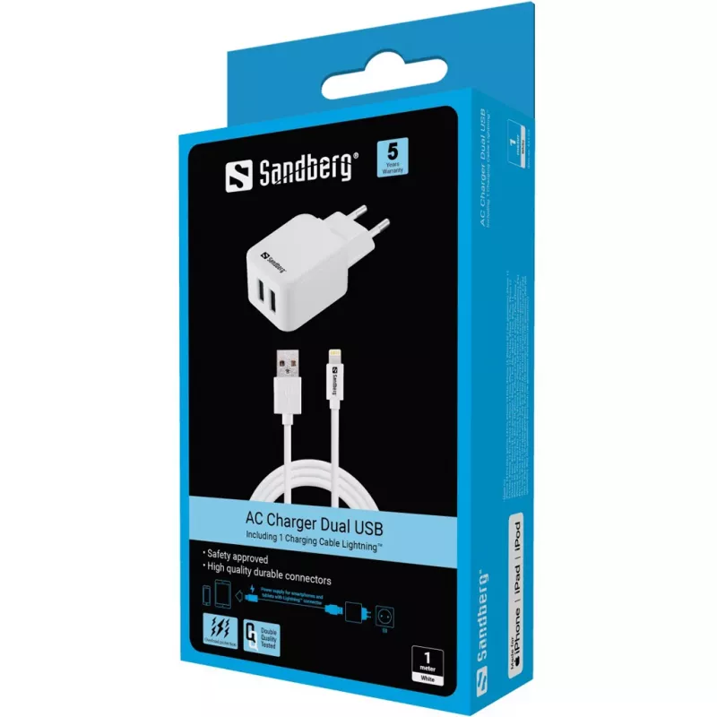 Sandberg AC įkroviklis EU Lightning 2.4A, vidaus, AC, 5 V, baltas
