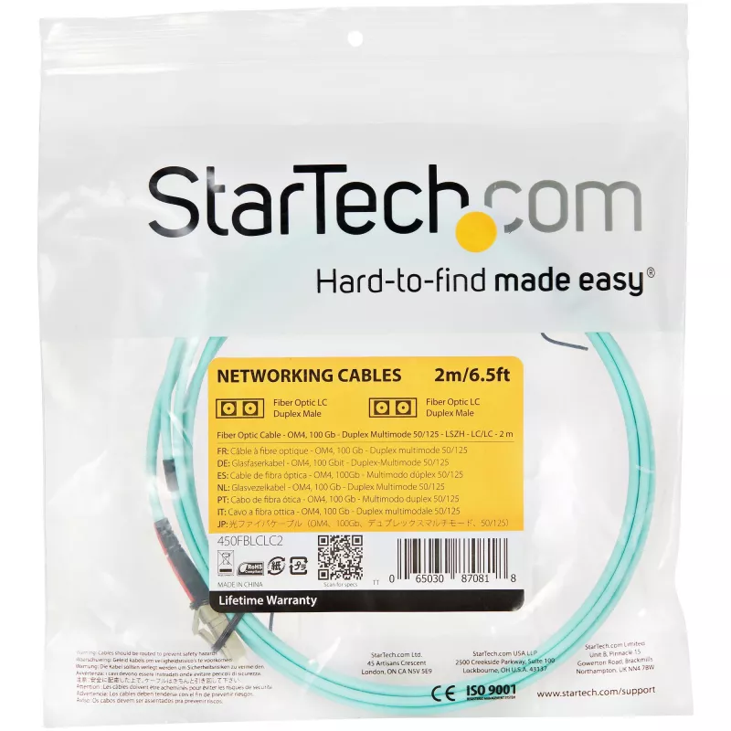 StarTech.com 2m (6ft) LC/UPC – LC/UPC OM4 daugiamodis šviesolaidinis kabelis, 50/125µm LOMMF/VCSEL, 100G, maži įterpimo nuostoliai, LSZH šviesolaidinis trumpiklis