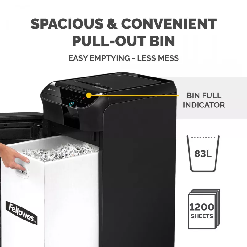 Fellowes AutoMax 550C automatinis popieriaus smulkintuvas, 550 lapų, kryžminis pjovimas, 83 l krepšelis, saugumo lygis P4