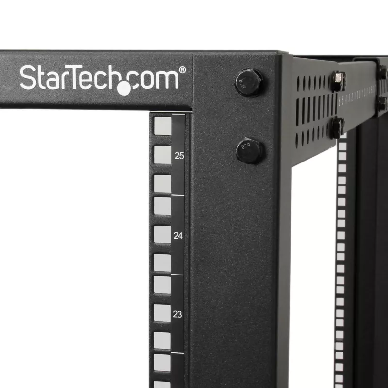 StarTech.com 4-Post 25U mobilus atviro rėmo serverio stovas, keturių stulpų 19 colių tinklo stovas su ratukais, reguliuojamo gylio ritininis stovas kompiuterinei/AV/duomenų/IT įrangai – ratukai, išlyginimo kojelės arba tvirtinimas prie grindų