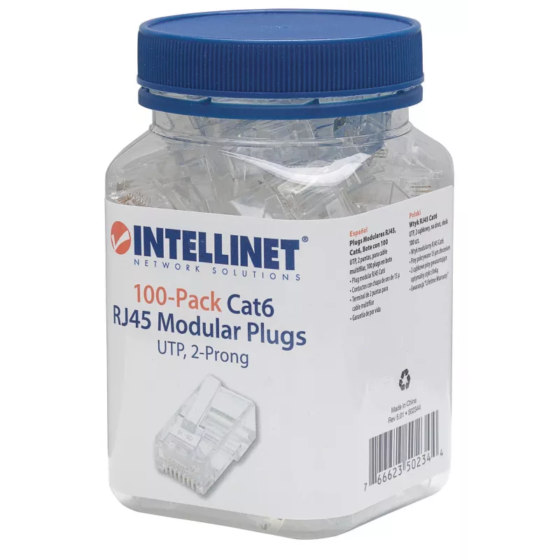 Intellinet RJ45 moduliniai kištukai, Cat6, UTP, 2 kontaktai, vytai gyslai, 15 µ auksuoti kontaktai, 100 vnt.