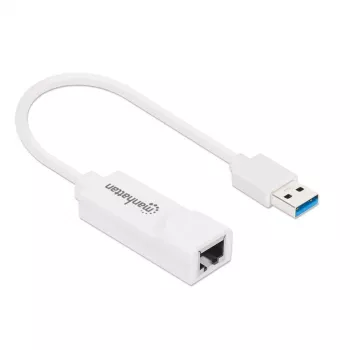 Manhattan USB-A Gigabit tinklo adapteris, baltas, 10/100/1000 Mbps, USB 3.0, Ethernet, RJ45, trejų metų garantija
