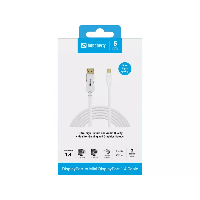 Sandberg 509-17 jungiamasis DisplayPort ir Mini DisplayPort laidas, DP 1.4, 8K 60 Hz (7680 x 4320), 2 m, kištukas/kištukas
