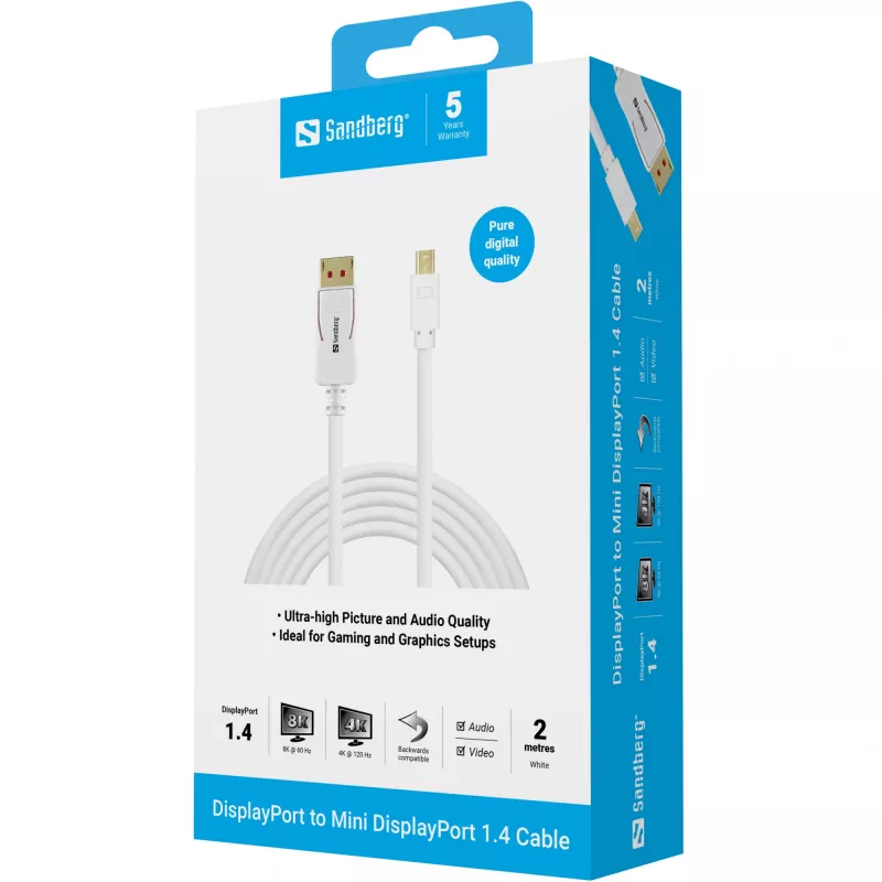 Sandberg 509-17 jungiamasis DisplayPort ir Mini DisplayPort laidas, DP 1.4, 8K 60 Hz (7680 x 4320), 2 m, kištukas/kištukas