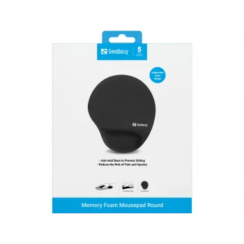 Sandberg Memory Foam Mousepad Round, juodas, monochromatinis, atminties putos, riešo atrama, neslystanti bazė