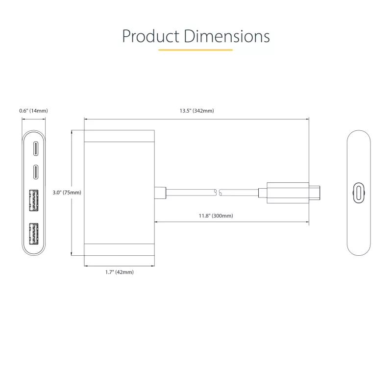 StarTech.com 4 prievadų USB-C centras su 100W maitinimo perdavimo funkcija - 2x USB-A + 2x USB-C - USB 3.0 5Gbps - 30 cm kabelis - nešiojamas USB Type-C į USB-A/C centras