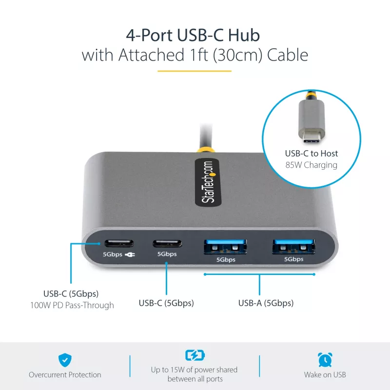 StarTech.com 4 prievadų USB-C centras su 100W maitinimo perdavimo funkcija - 2x USB-A + 2x USB-C - USB 3.0 5Gbps - 30 cm kabelis - nešiojamas USB Type-C į USB-A/C centras