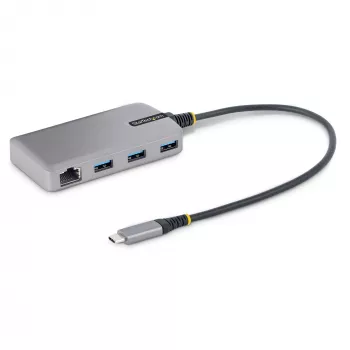 StarTech.com 3 prievadų USB-C centras su Ethernet - 3x USB-A prievadai, Gigabit Ethernet RJ45, USB 3.0 5Gbps, maitinamas iš magistralės, 1 pėdos/30 cm ilgio kabelis - nešiojamas nešiojamojo kompiuterio USB-C tipo centro adapteris su GbE