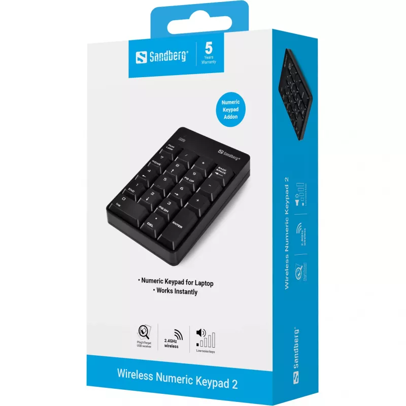 Sandberg Wireless Numeric Keypad 2 belaidė skaičių klaviatūra, RF, 18 klavišų, nešiojamam / stacionariam kompiuteriui, juoda