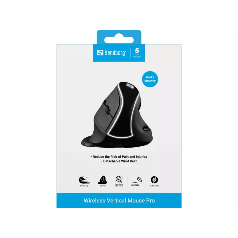 Sandberg Wireless Vertical Mouse Pro, dešinei rankai, vertikalus dizainas, optinis, RF belaidis, 1600 DPI, juoda