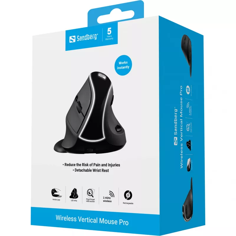 Sandberg Wireless Vertical Mouse Pro, dešinei rankai, vertikalus dizainas, optinis, RF belaidis, 1600 DPI, juoda
