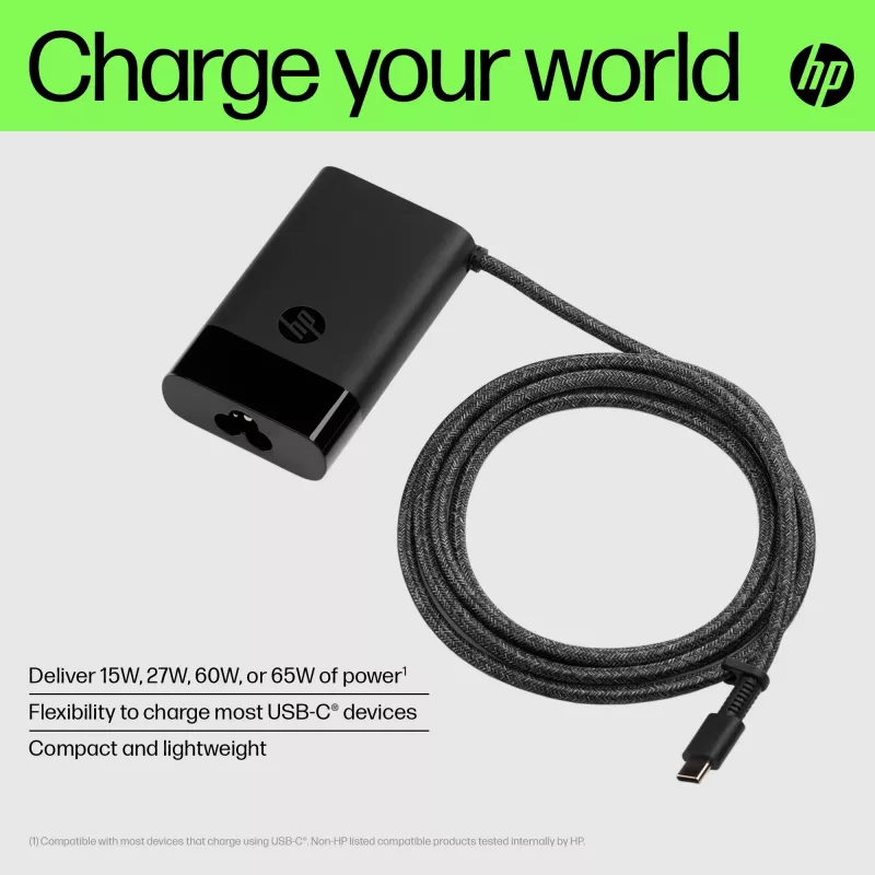 HP USB-C 65W nešiojamojo kompiuterio įkroviklis, vidaus, 90 V, 47-63 Hz, 65 W, 5-20 V
