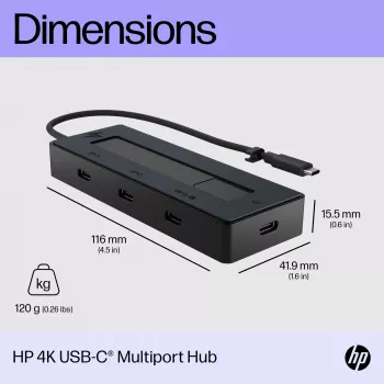 HP 4K USB-C Multiport Hub, USB Type-C, USB 3.2 Gen 2 (3.1 Gen 2) Type-C, 10000 Mbit/s, Juoda, 4K Ultra HD, Kinija