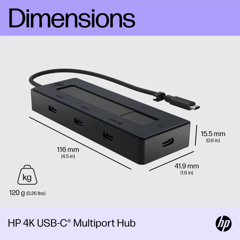 HP 4K USB-C Multiport Hub, USB Type-C, USB 3.2 Gen 2 (3.1 Gen 2) Type-C, 10000 Mbit/s, Juoda, 4K Ultra HD, Kinija