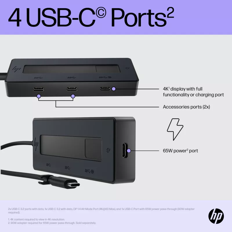 HP 4K USB-C Multiport Hub, USB Type-C, USB 3.2 Gen 2 (3.1 Gen 2) Type-C, 10000 Mbit/s, Juoda, 4K Ultra HD, Kinija