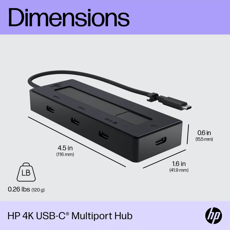 HP 4K USB-C Multiport Hub, USB Type-C, USB 3.2 Gen 2 (3.1 Gen 2) Type-C, 10000 Mbit/s, Juoda, 4K Ultra HD, Kinija