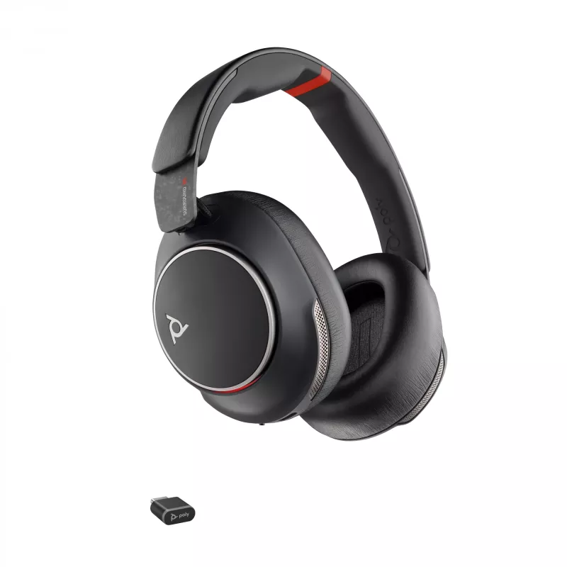 HP Poly Voyager Surround 85 UC ausinių rinkinys su USB-C laidu, USB-C/A adapteriu ir įkrovimo stovu