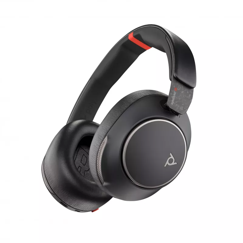 HP Poly Voyager Surround 85 UC ausinių rinkinys su USB-C laidu, USB-C/A adapteriu ir įkrovimo stovu