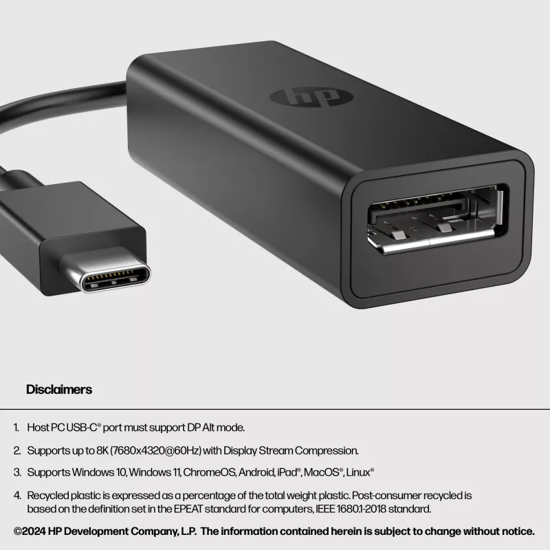 HP USB-C į DisplayPort adapteris G2, 0,12 m, DisplayPort, USB Type-C, Moteriška, Vyriška, 7680 x 4320 pikselių