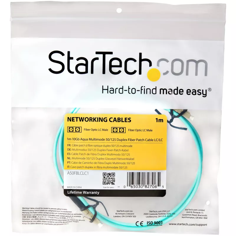 StarTech.com 1m (3ft) LC/UPC į LC/UPC OM3 daugiamodis šviesolaidinis kabelis, pilnas dupleksas 50/125µm, 100G, maži įterpimo nuostoliai, LSZH šviesolaidinis trumpiklis