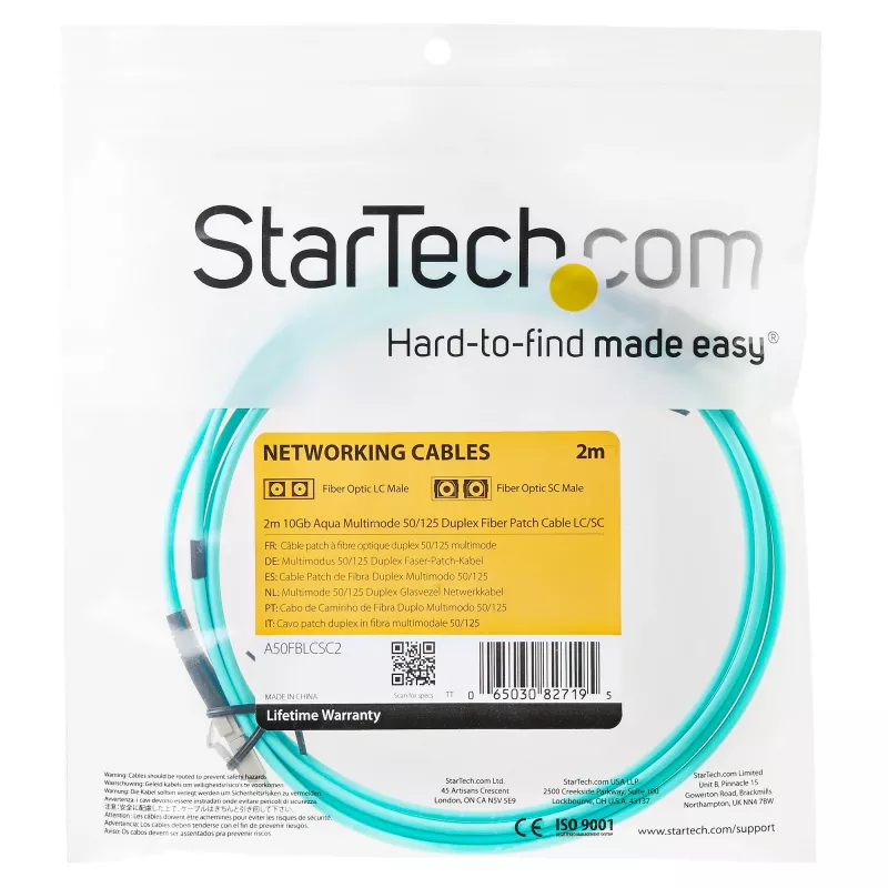 StarTech.com 2m (6,6 pėdos) LC/UPC – LC/UPC OM3 daugiamodis šviesolaidinis kabelis, pilnas dupleksas 50/125 µm, 100G, maži įterpimo nuostoliai, LSZH šviesolaidinis šuoliukas