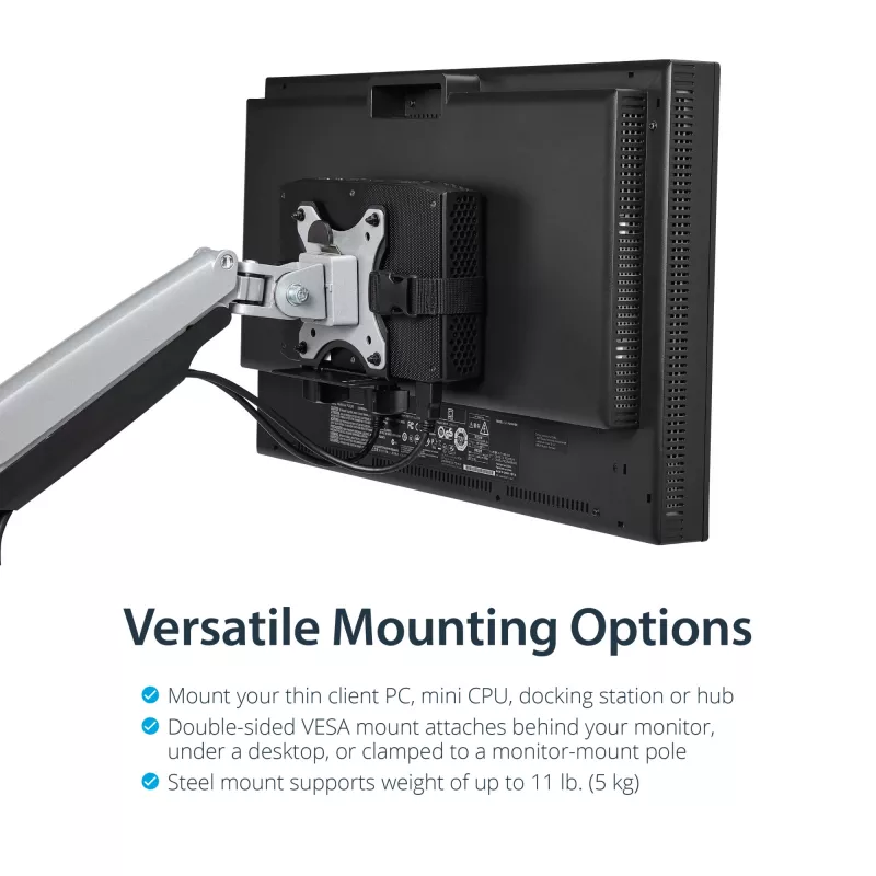 StarTech.com Thin Client Mount – VESA tvirtinimo laikiklis monitoriaus stovui, laikantis mažą darbalaukį, 5 kg, 75x75, 100x100 mm, juodas, plastikas, plienas