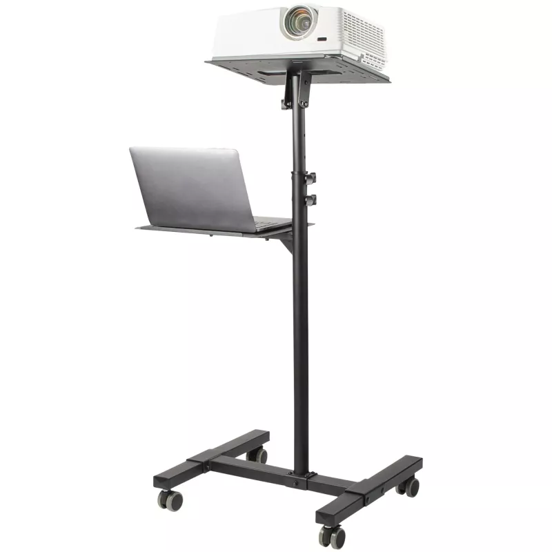 StarTech.com ADJPROJCART mobilus projektoriaus ir nešiojamojo kompiuterio stovas – sunkiasvoris nešiojamas projektoriaus stovas (2 lentynos, kiekviena laiko 10 kg) – reguliuojamo aukščio riedantis pristatymo vežimėlis su užrakinamais ratukais
