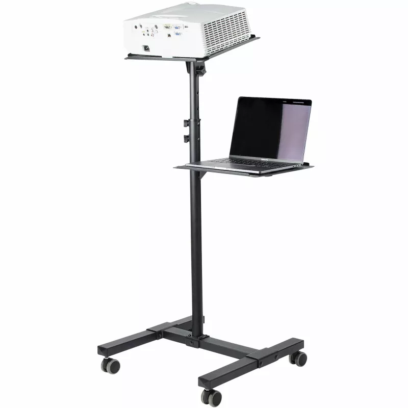 StarTech.com ADJPROJCART mobilus projektoriaus ir nešiojamojo kompiuterio stovas – sunkiasvoris nešiojamas projektoriaus stovas (2 lentynos, kiekviena laiko 10 kg) – reguliuojamo aukščio riedantis pristatymo vežimėlis su užrakinamais ratukais
