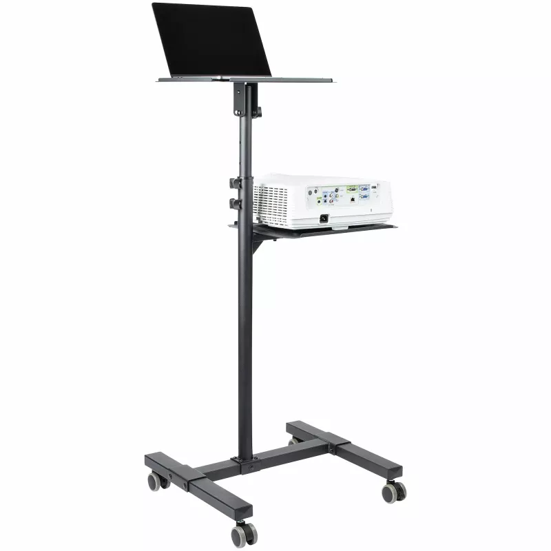 StarTech.com ADJPROJCART mobilus projektoriaus ir nešiojamojo kompiuterio stovas – sunkiasvoris nešiojamas projektoriaus stovas (2 lentynos, kiekviena laiko 10 kg) – reguliuojamo aukščio riedantis pristatymo vežimėlis su užrakinamais ratukais