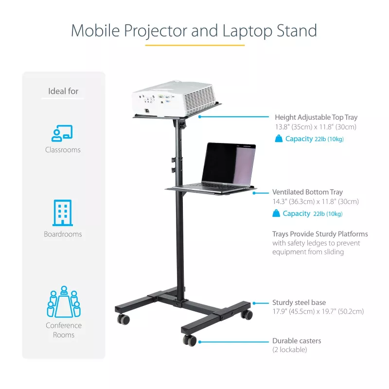 StarTech.com ADJPROJCART mobilus projektoriaus ir nešiojamojo kompiuterio stovas – sunkiasvoris nešiojamas projektoriaus stovas (2 lentynos, kiekviena laiko 10 kg) – reguliuojamo aukščio riedantis pristatymo vežimėlis su užrakinamais ratukais