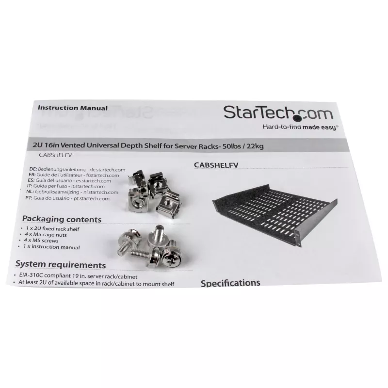 StarTech.com CABSHELFV 2U universali ventiliuojama lentyna serverio stovui 19 inch – plieninė, 23 kg talpa, 16 colių gylio, juoda