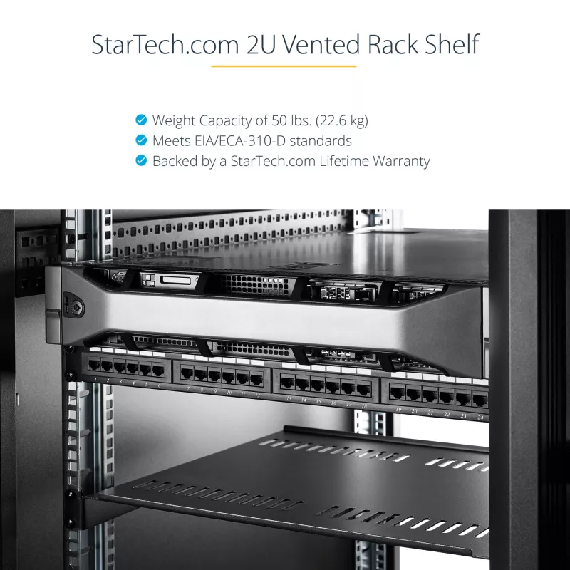 StarTech.com CABSHELFV 2U universali ventiliuojama lentyna serverio stovui 19 inch – plieninė, 23 kg talpa, 16 colių gylio, juoda