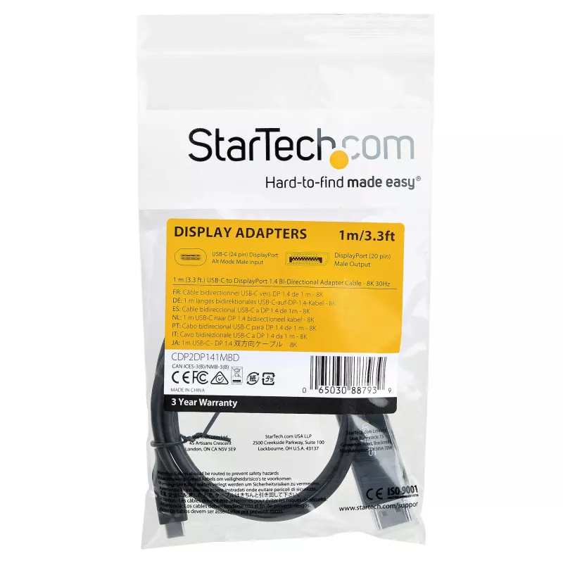 StarTech.com 1 m USB-C į DisplayPort 1.4 laidas, 8K 60Hz/4K, dvipusis DP į USB-C arba USB-C į DP adapteris, HBR3/HDR/DSC, USB Type-C/Thunderbolt monitoriaus laidas